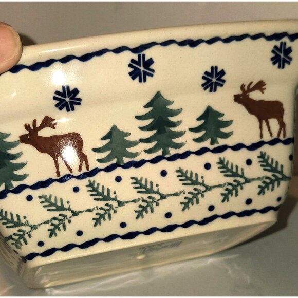 Boleslawiec Polish Pottery Square Baker Serving Bowl Snowflake Reindeer Tree 7.5 - Picture 5 of 8